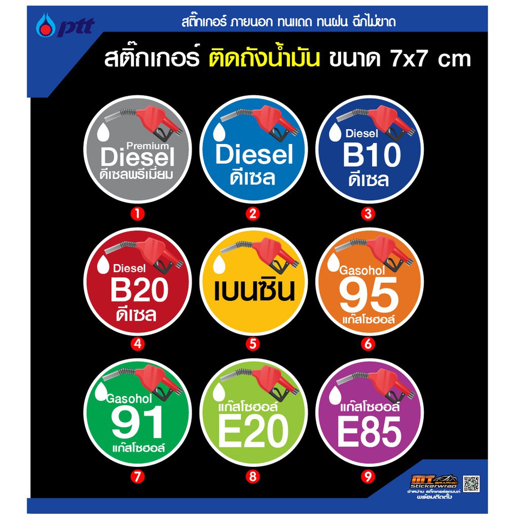 สติ๊กเกอร์ถังน้ำมัน 7 x 7 ซม.  ชนิดน้ำมัน กันน้้ำ กันแดด ขัดเจน E85 E20 ดีเซล B7 B20 แก๊สโซฮอล์ 91 9
