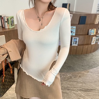 Plus size เสื้อผ้าสาวอวบ❤ เสื้อยืดสาวอวบอ้วน ไซส์ใหญ่ ผู้หญิง เสื้อยืดรัดรูป แขนยาว คอวี สีขาว ฤดูใบไม้ผลิ สไตล์เกาหลีแฟชั่น
