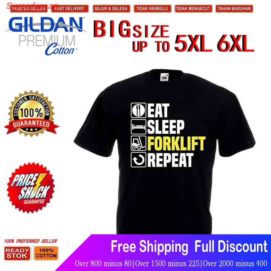 ผ้าฝ้าย 100% เสื้อยืดลำลอง QIANXINGA [XS-6XL] Plus Size Eat Sleep Forklift Truck Work Warehouse Spor