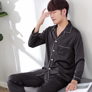 แขนยาว+ขายาว M-5XL ชุดนอนผ้าซาติน ชุดนอนสีพื้น ชุดนอนแฟชั่นสไตล์เกาหลี ชุดนอนคู่รัก ส่งจากไทย
