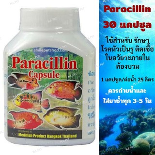 Paracillin (ยาสำหรับโรคปลา) รักษาโรคหัวเป็นรู ติดเชื้อในอวัยวะภายใน ท้องบวม (30แคปซูล)