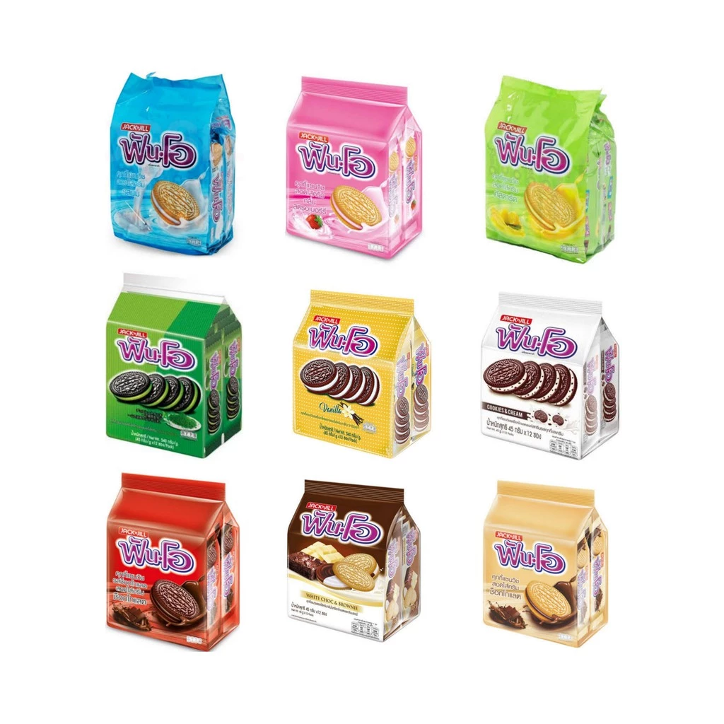 ขนม ฟันโอ ยกแพ็ค คุกกี้แซนวิชสอดไส้ครีม 5บาท 12ซอง ช็อคโกแลต สตรอเบอรี่ นม ชาเขียว ครีม คัสตาร์ด