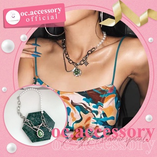 สร้อยคอมุก+โซ่จี้ห้อยสีเขียวสไตล์เกาหลี Pearl necklace + Korean style green pendant chain By oc.accessory