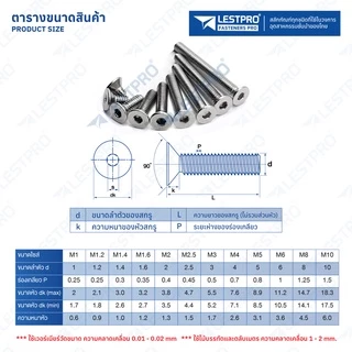 น็อต สกรู หัวจม หกเหลี่ยม เตเปอร์ สแตนเลส 304 เกลียวมิล หยาบ M2 / Flat Head Hexagon Socket Machine Screw DIN7991
