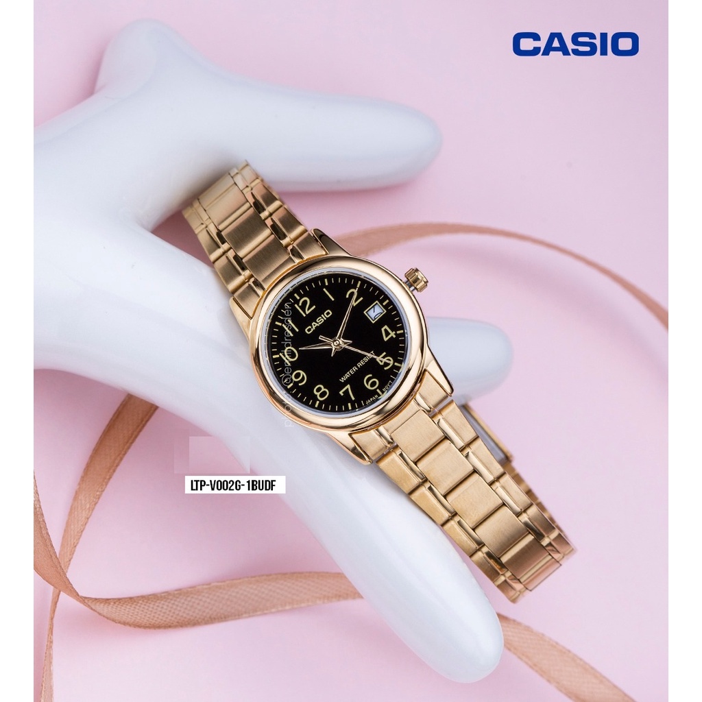 นาฬิกาคู่ นาฬิกาสมาร์ท Casio Standard รุ่น LTP-V002G-1B นาฬิกาข้อมือผู้หญิง สายสแตนเลสสีทอง/หน้าปัดดำ (สินค้าของแท้ 100%