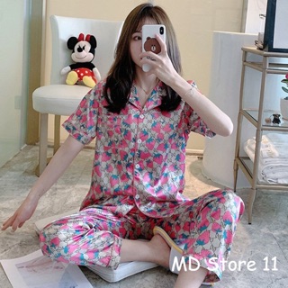 Pajamas ชุดนอนสไตล์เกาหลี ชุดนอนผ้าซาติน ชุดนอนงานแบนด์ GG x Strawberry🍓🍓