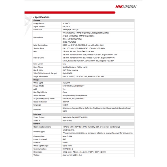HIKVISION COLORVU 3K กล้องวงจรปิด รุ่น DS-2CE12KF0T-FS , DS-2CE12KF0T-LFS 3.6mm 2ตัว
