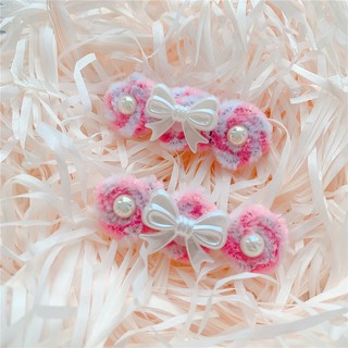 Contrasting pink color round soft girl millennial retro hot girl plush hairpin bow pearl edge clip Showa style