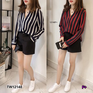 CS12148 Set 2 ชิ้น เสื้อลายริ้วแขนยาว + กางเกงขาสั้น