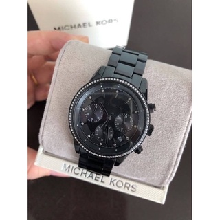 (ผ่อน0%) นาฬิกา 🌸Michael Kors🌸Ritz Chronograph Black Dial Ladies Watch🌺MK6438 สแตนเลสสีดำ หน้าปัดล้อมคริสตัล 37 มม.