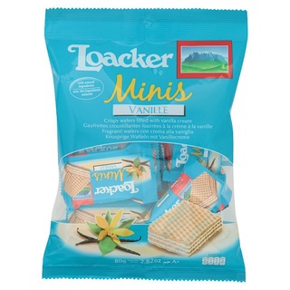 🔥แนะนำ!! ล็อคเกอร์ มินิส์ เวเฟอร์สอดไส้ครีมวานิลลา 80กรัม Loacker Minis Crispy Wafers Filled with Vanilla Cream 80g