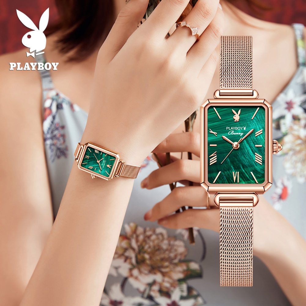 PLAYBOY นาฬิกาข้อมือควอตซ์ กันน้ำ สไตล์เกาหลี ญี่ปุ่น สีเขียว แฟชั่นสำหรับผู้หญิง 2049