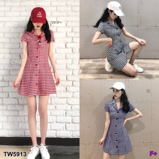 5913 Dress เดรสเชิ้ต ลายสก็อต ผูกเอวหน้า-หลัง Plaid shirt dress, tied front and back