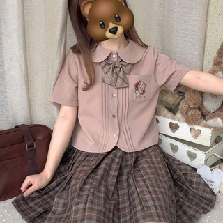 Kawaii​ เสื้อเชิ้ตคอบัวกระเป๋าหน้า​ ปักลายหมี​ (ไม่รวมโบว์)​