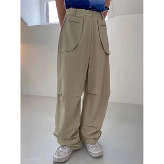 กางเกงเอวสูงผ้าฝ้ายผสมลินิน DOUBLE POCKETS COTTON LINEN BAGGY PANTS