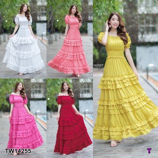 J14255 Maxi Dress เดรสยาว เปิดไหล่ สม็อกเอว