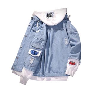 Men Hooded Denim Jacket Cowboy Coat Fake Two Pieces Denim Jacket