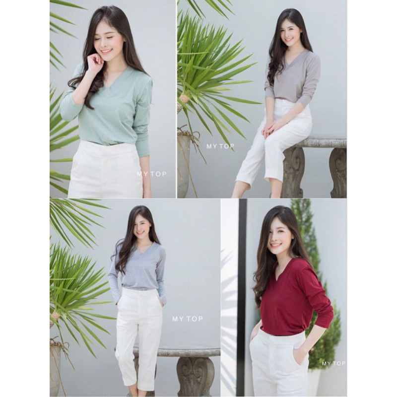 MY​TOP​🌈New In ❤️Code:K35 เสื้อยืดแขนยาว คอวีใหญ่ งานสวย ผ้าzara