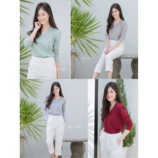 MY​TOP​🌈New In ❤️Code:K35 เสื้อยืดแขนยาว คอวีใหญ่ งานสวย ผ้า…