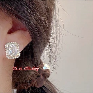 HisoChic ต่างหู ต่างหูเพชร CZ แบบแป้น ทรงสี่เหลี่ยมผืนผ้า ใส่ออกงานได้ค่ะ