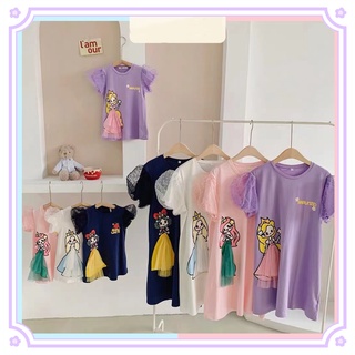 ✨[Fast delivery]✨100% pure cotton short-sleeved bubble sleeve girl cartoon printed three-dimensional mesh T-shirt dress girl princess dress summer