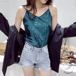 ꕥCatalog Fashionꕥ เสื้อแฟชั่นสายเดี่ยวคอวีปักเลื่อม 4สี  ชายแต่งซีทรูพริ้วๆ