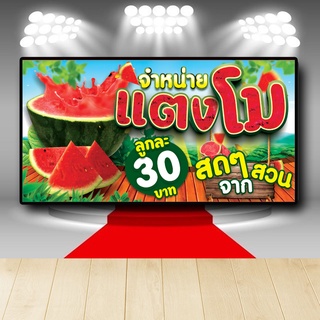 P358 ป้ายไวนิล จำหน่ายแตงโม เพิ่มชื่อร้าน+เบอร์โทรได้ (เปลี่ยนแบบทักแชตก่อนสั่ง) สีสวย คมชัด ตอกตาไก่ 4 มุม