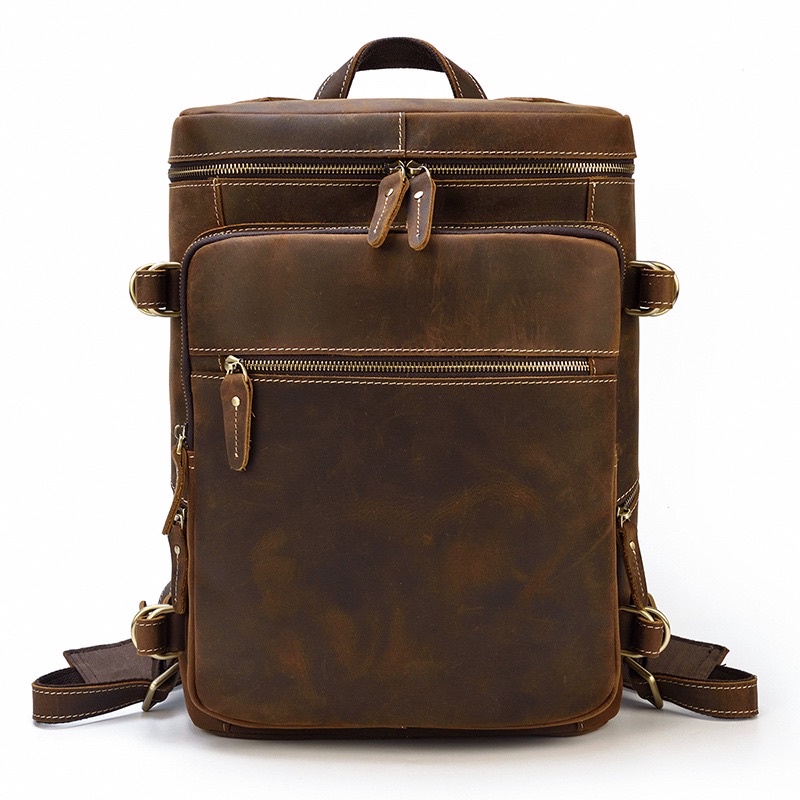 Backpack กระเป๋าเป้สะพายหลัง ใส่โน๊ตบุ๊ค 14“ หนังแท้พรีเมี่ยม สำหรับผู้ชาย รุ่นLB52(สีน้ำตาล)