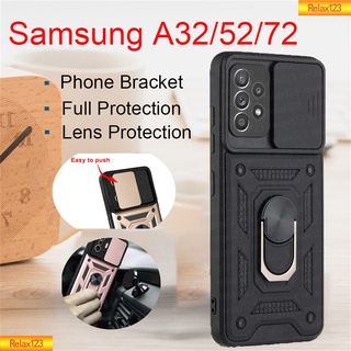 สำหรับ Samsung Galaxy A32 A52 A72 A52S 4G 5G เคสโทรศัพท์กล้องเลนส์ป้องกันเกราะกันกระแทกปลอกป้องกันพร้อมขายึดแหวนแม่เหล็กขาตั้งปลอก TPU โทรศัพท์เคสแข็งฝาหลัง