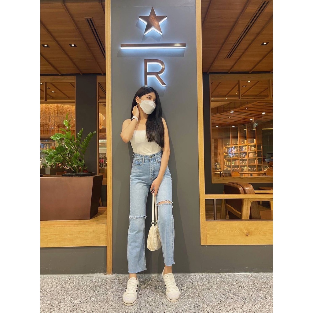 [Code:L9E6B ลด25.-]  Oops jeans 🌸 กางเกงขายาวกระบอกสีซีด ขาดเข่า2ข้าง