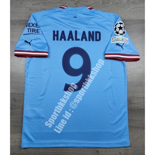 เสื้อฟุตบอล แมนซิตี้ Home เหย้า 2022/23 พร้อมเบอร์ชื่อ 9 HAALAND และอาร์มยูฟ่าแชมป์เปี้ยนลีค