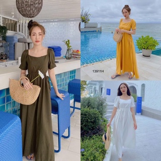 Maxi Dress แม็กซี่เดรส เจาะเอวด้านข้าง รูดปรับขนาดเอวเองได้ แขนจีบตุ๊กตา ซิปหลัง ผ้าซาร่าสีพื้น AP13911