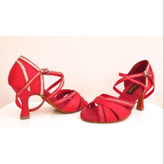 รองเท้าลีลาศ และ Salsa Dance Shoes Oriana OR-L50 สีแดงขลิบเส้นสีทอง ส้นสูง 3 นิ้ว