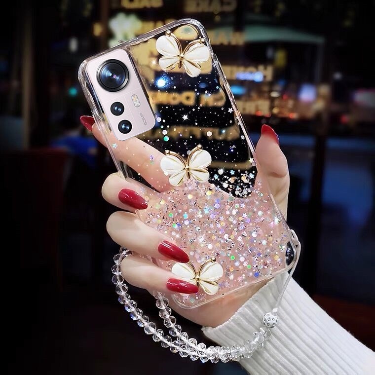 2022 New เคสโทรศัพท์ Casing for Xiaomi 12 Mi 12Pro 11T Pro Mi 11 Lite 5G NE Fashion 3D Butterfly Shiny Sequins Transparent Handphone Case with Pearl Lanyad Silicagel Soft Case เคส