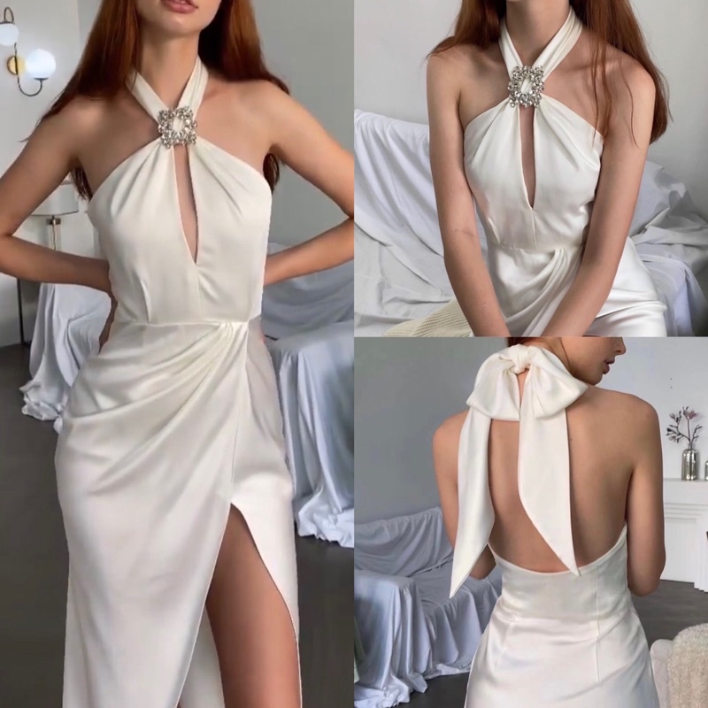 Lady_Sakura 509/DD.CB#เดรสยาวคล้องคอผุกโบร์หลังเนื้อผ้าชาติน#เดรสออกงานเเหวกอกแต่งเพชรหรูผ่าข้าง