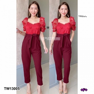 B13005 จั้มสูทขายาวสีพื้นผูกเอว Long-sleeved jumpsuit with tie waist