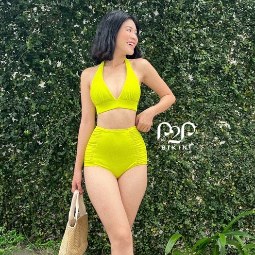 P2P BIKINI - บิกินี่สองชิ้นพร้อมเสื้อคล้องคอ กางเกงเอวสูงสีเหลืองมะนาว - BTK345M_LC