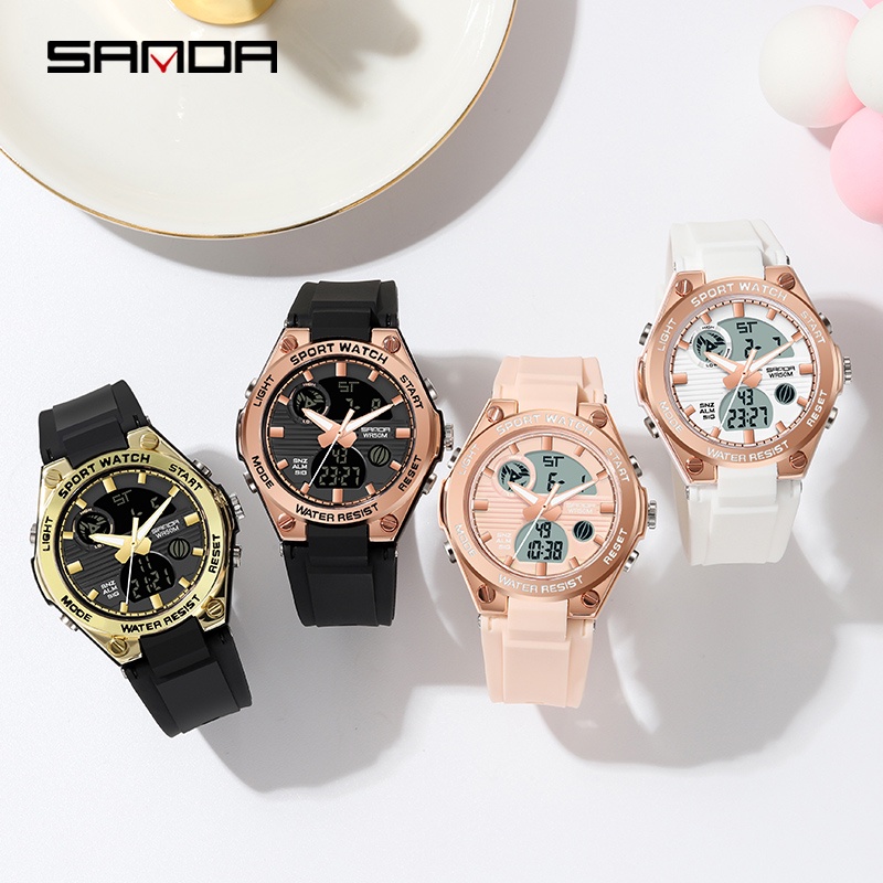 SANDA นาฬิกาข้อมือสตรีสุดหรูควอตซ์กันน้ำ LED พร้อมนาฬิกาว่ายน้ำอเนกประสงค์