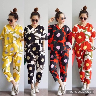 📌ทักก่อนสั่ง📌ชุดเซท ผ้าคอตตอนญี่ปุ่น ลายดอก marimekko เสื้อคอวี อก 46”+กางเกงเอวสม็อค wow