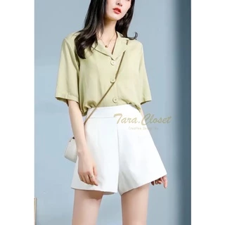 PW001 TARA Short pants กางเกงขาสั้น เอวสูง มีขอบเอว ตีเกร็ดหน้า เนื้อผ้าวูลเวฟ ผ้ายืด ใส่สบาย