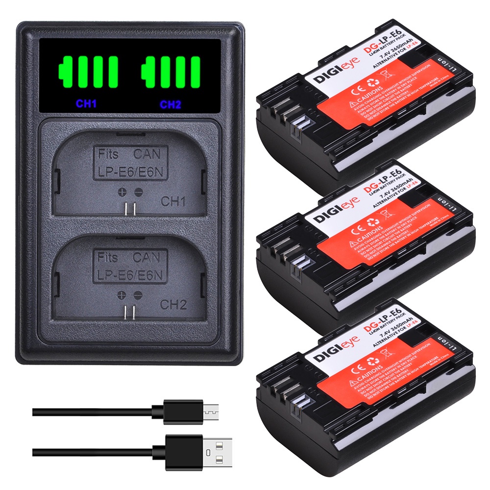 LP-E6 LP-E6N Battery + LED Dual Charger Type C Port for Canon EOS 6D 7D 5D Mark II III IV 5D 60D 60D