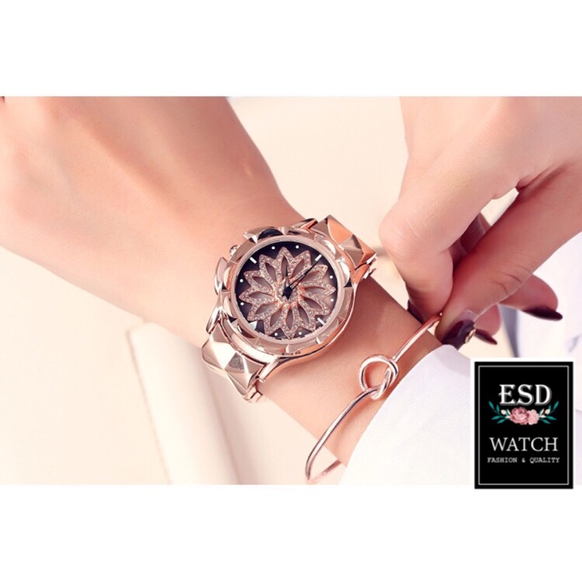 นาฬิกาแบรนด์แท้ Gedi ดอกไม้หมุนแท้ 100% ส่งฟรี + เก็บเงินปลายทาง ขนาด 36 mm. สีพริ้งโกลด์
