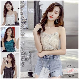 🎏Korea NEW เสื้อแฟชั่นสายเดี่ยวคอวีปักเลื่อม 4สี  ชายแต่งซีทรูพริ้วๆ