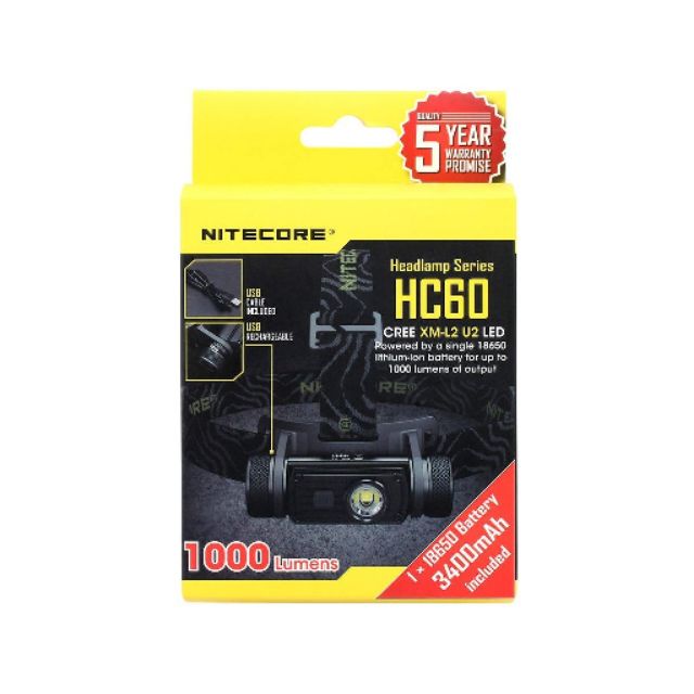ไฟฉายคาดหัว Nitecore HC60 ความสว่างสุงสุด 1000lm พร้อมแบตเตอรี่ ชาร์จ Micro USB ในตัว
