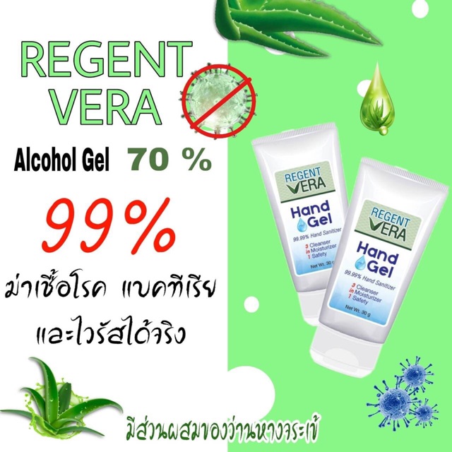 เจลล้างมือ Regent vera แอลกอฮอล์ 70% นำเข้าจากต่างประเทศ มีส่วนผสมของ aloe vera เพิ่มความชุ่มชื้น มือไม่แห้ง กลิ่นหอม