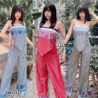 TwinsShopVip💗พร้อมส่ง TW12123 Set 2 ชิ้น เสื้อสายเดี่ยผูกหลัง + กางเกงขากระบอก พมพืลายกราฟฟิก