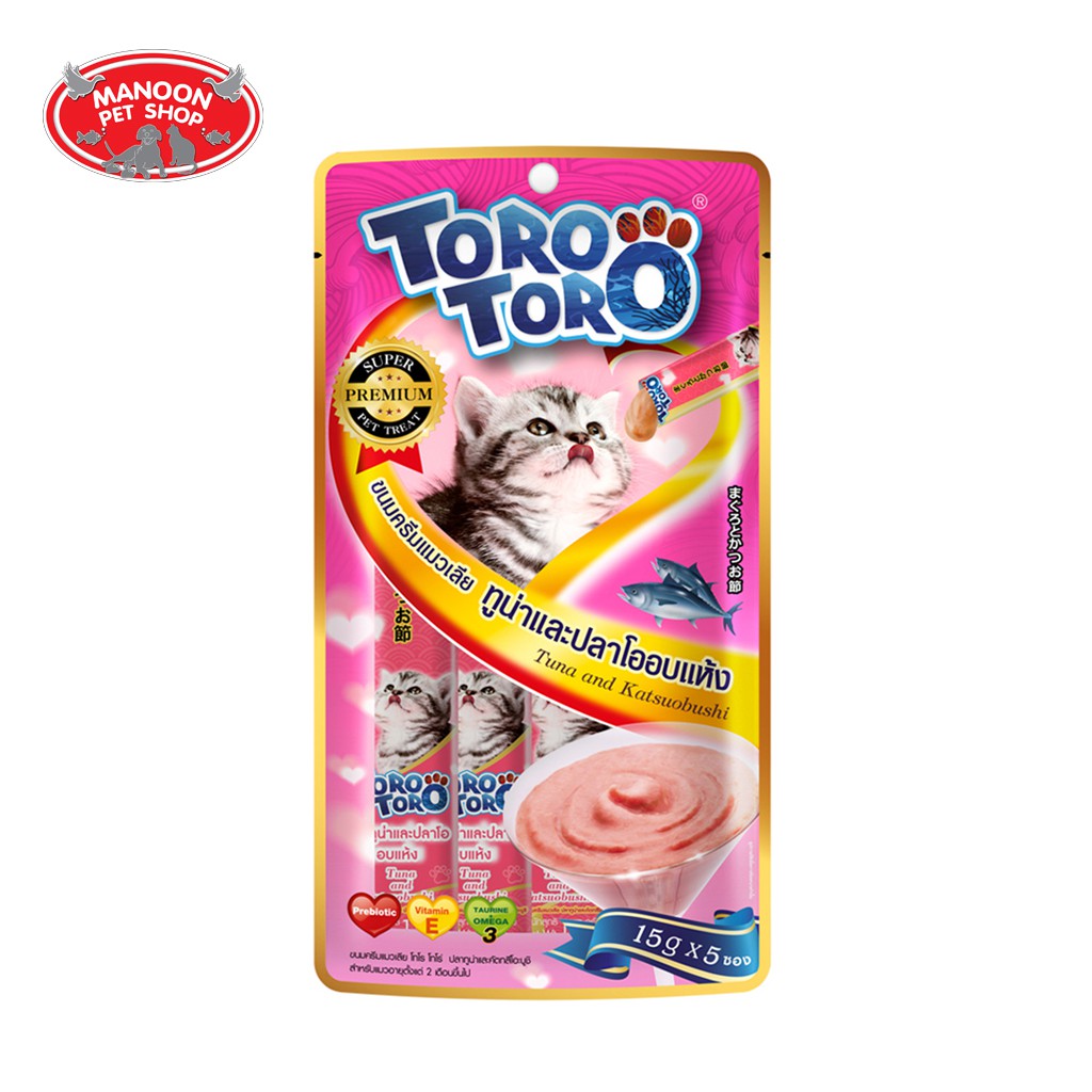 สินค้ารวมส่งฟรี⚡ [MANOON] Toro Toro ขนมครีมแมวเลีย สูตรปลาทูน่าและปลาโออบแห้ง 15 กรัม x 5 ซอง (8859160400302) ❤️ 🚛COD.เก็บเงินปลายทาง