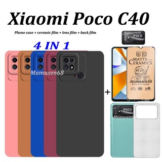 4 in 1 Xiaomi Poco C40 เคสโทรศัพท์ ซิลิโคนนิ่ม สีแคนดี้ + ฟิล์มหน้าจอเซรามิก + ฟิล์มเลนส์ + ฟิล์มด้านหลัง Poco M4 pro / X4 pro เคส