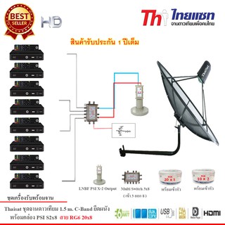 Thaisat 1.5M. C-Band ชุดจานดาวเทียมตะแกรงไทยแซท (ติดตั้งผนัง) +PSI S2 HD x8 พร้อมสาย RG6 20m.x8