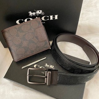 COACH Short Wallet with Belt Set Signature กระเป๋าสตางค์คู่เข็มขัดหัวสี่เหลี่ยม สีน้ำตาล